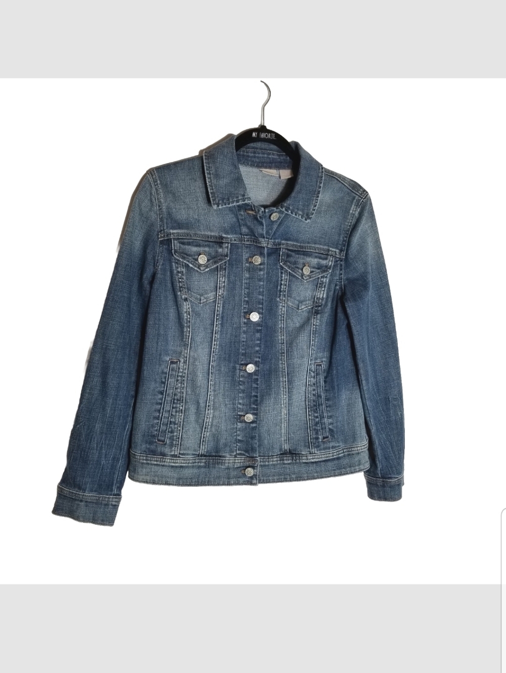 Chico's 1 Jean Jacket Women's Size Medium Trucker Blue Denim Stretch Pockets